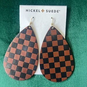 New Nickel and Suede large leather earrings. Brown/black checkerboard